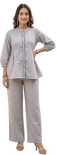 TAGDO Co Ord 2062 elegant damset i linne med mandarinkrage och knappar med rak passform och rak passform, GRÅ, M