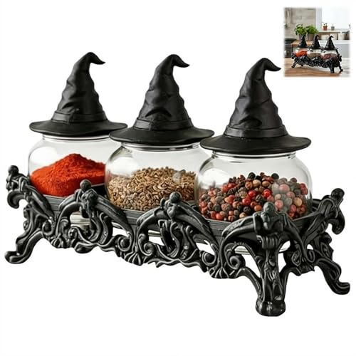 Witchy Hat Apothecary Spice Jars Set of 3 with Resin Stand, Gothic Glass Seasoning Containers with Frog Lids, Vintage Herb and Salt Storage Pots for Witchy Kitchen Decor and Home Gifts