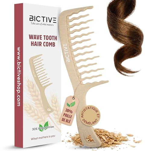 BICTIVE® lockkam i brunt med vågformade, breda zinker. Kam för lockar; reder ut och definierar lockar. Bred zinkkam, styling, kam, bred zinkkam, utredningsborste för långt hår. För Fra