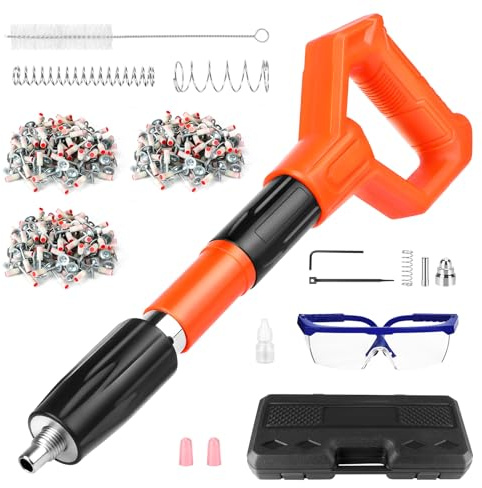 Manuell nagelpistol med 300 runda spikar, 5 växlar nagelpistol nagelspistol, betongspistol för stål och betong, bärbar spikpistol för tak-/trådhider med handskar (orange + svart, L)