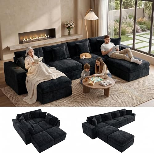 ANDFZ 6–8 Seater Modular Corner Sofa, Boneless Cloud Couch with Deep Seat Chenille Fabric, Easy Delivery Through Doorways & Stairs, No Assembly Required for Family Living Room Black