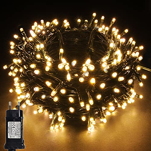 YOSION 13M Cavo Verde Scuro Catena Luci A Led Luminoso Natalizia Luce Lucciole Con 12 Funzioni Ideale Per Natale Compleanni Feste (100 LED, Bianco Caldo)