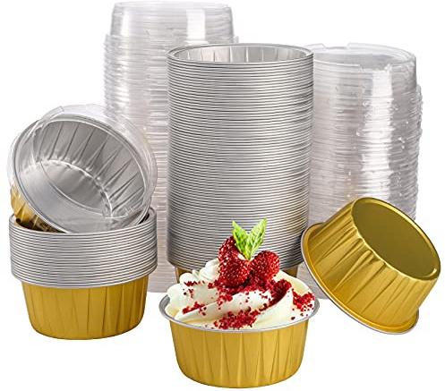 DEAYOU 100-Pack Aluminum Foil Baking Cups with Lids, 5oz Disposable Muffin Cupcake Ramekins, 3 Recyclable Cupcake Foil Liners Mini Tart Pie Tin Pan Holder for Souffle, Pudding, Party, Wedding, Gold