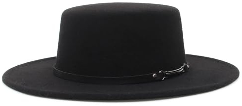 GEMVIE Womens Felt Bowler Boater Hat Vintage Wide Brim Flat Top Hat Buckle Belt Fedora Church Jazz Hat