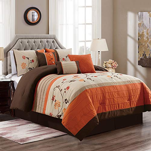 Chezmoi Collection Serene 7-Piece Luxury Autumn Floral Embroidery Bedding Comforter Set, California King, Orange/Brown/Taupe
