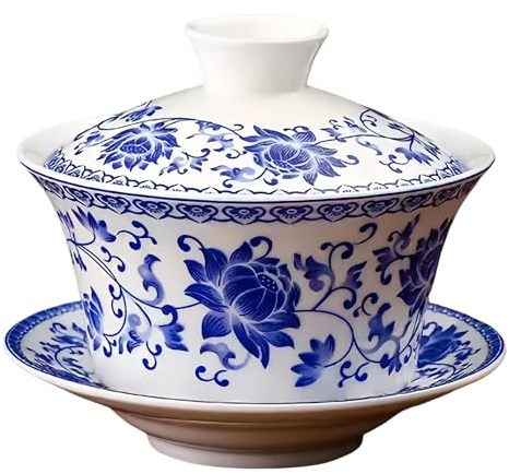 KOPYFANTAP Gaiwan Tazza di Porcellana Cinese con Coperchio e Piattino,Grafica Lotus Tazza da Tè da 300ml di Grande Capacità,Tradizionale Kungfu Set da Tea Bianca e Blu
