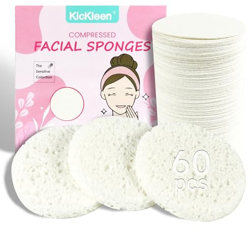 60-Count Compressed Facial Sponges|100% Natural Kickleen Cellulose Cosmetic Spa Sponges for Daily Facial Cleansing|Makeup and Mask Removal | Exfoliating | Skin Massage | Pore Exfoliation(White)