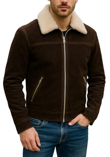 Mens Rick Grimes Walk Dead Season 5 Faux Fur Shearling Collar Brown Suede Leather Biker Jacket, Large