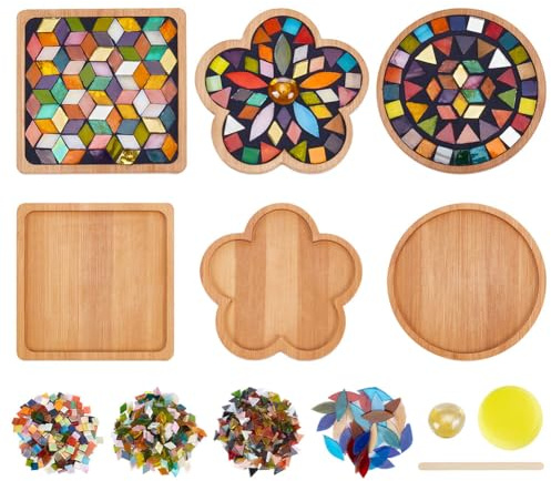 WEBEEDY Juego de 3 posavasos de mosaico para manualidades, kit de mosaico de vidrio de colores mixtos con posavasos de bambú para adultos, decoración del hogar, regalo de cumpleaños de Navidad (3