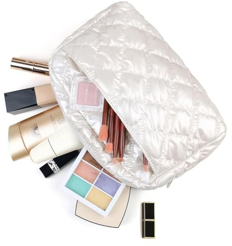 Lychii Schminktasche Damen, Gesteppte Kosmetiktasche, Reise Makeup Tasche, mit Externem Reißverschlussfach, für Aufbewahrung von Kosmetik, Toilettenartikel (Weiß)