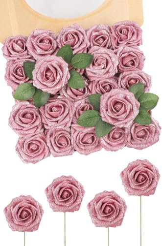 N&T NIETING Lot de 25 roses artificielles à paillettes avec tige pour mariage, bouquet, arrangement, fête, fête prénatale, décoration de Noël et décoration de la maison (rose)