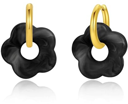BUMMER Boucles d'oreilles pendantes élégantes à fleurs en résine noire dégradée, acier inoxydable plaqué or