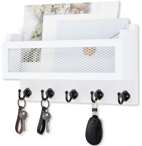 Nekon Mail and Key Holder for Wall Decorative, 11 Inch Mail Holder, White | Wooden Wall Key Organizer with 5 Key Hooks, Wall Mount Storage Shelf for Entryway Hallway