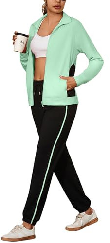 Uniexcosm Jogginganzug Damen Lang Trainingsanzug Zweiteiler Frauen Farbkontrast Sportanzug Fitness Freizeitanzug Reißverschluss Tracksuit & Sporthose Grün S