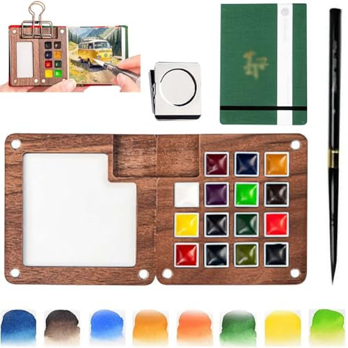 Reise-Farbpalette, tragbares Mini-Aquarell-Paletten-Set, Holzgitter, Farbkasten, Mini-Aquarellfarben-Set, Aquarellpapierblock, Aquarell-Skizzenbuch, Mini-Aquarell-Reise-Malpalette mit Clip