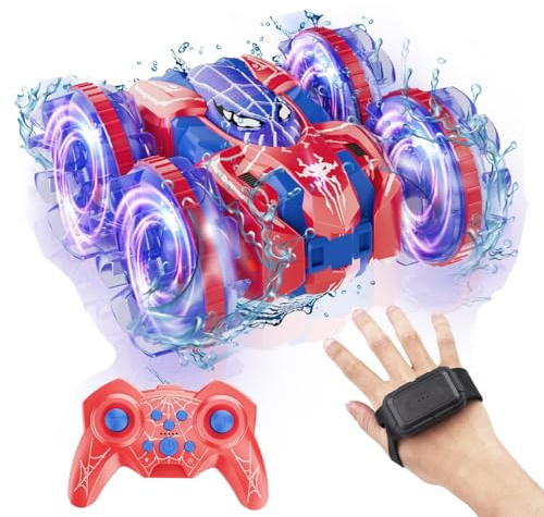 fygurso 4WD Waterproof Remote Control Car，Amphibious 2.4 GHz RC Cars Remote Control Boat，360°Rotation RC Stunt Car with LED Lights，Boys Girls Gifts All Terrain Water Beach Pool Toy (LY-016)