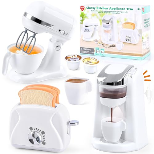 PLAY Küchengeräte Spielzeug Set, Kinderküche Zubehör Set mit Kaffeemaschine, Mixer, Toaster mit Realistischen Lichtern und Geräuschen, Kindergeschenke für Mädchen und Jungen ab 3 Jahren (Weiß)