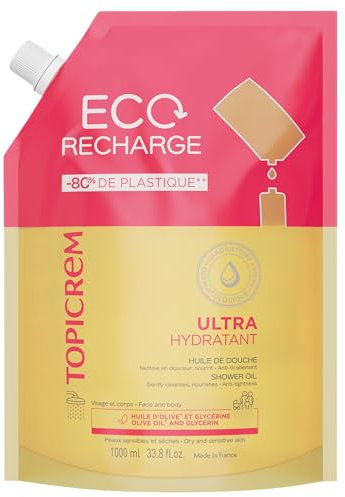 Topicrem Eco - Recarga ultra hidratante, aceite de ducha – Limpia, nutre, protector – Gel de ducha facial y cuerpo para pieles sensibles, bebés, niños y adultos – Fabricación francesa – 1000 ml