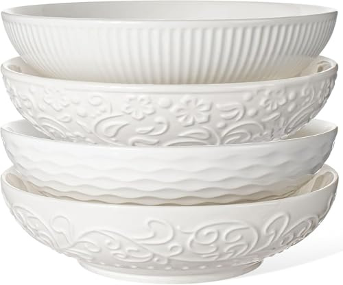 Artena Pasta Bowls 32oz, Ceramic Large Salad Bowls 8 inch, White Embossed Soup Bowl Set of 4 for Entertaining, Serving, Dinner, Wide Shallow Microwave Dishwasher Oven Safe (Mixed Pattern)