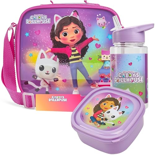 Get Trend Gabby’s Dollhouse Lunch Bag Set for Kids 3 Pcs with Snack Lunch Box BPA Free 400ml Water Bottle Insulated Bag Travel Picnic Nursery School Supplies (Gabby’s Dollhouse)