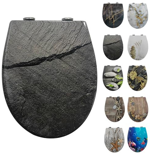 Toilettendeckel mit Absenkautomatik, WC Sitz mit Absenkautomatik Oval Form klodeckel Einfache Reinigung, Abnehmbarer WC-Sitz, 150kg belastbar, einfache Montage – Motiv: Schwarzer Felsen