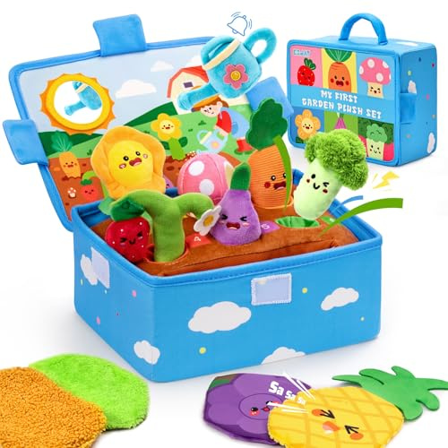 Baby Toys 6-12 Months, Montessori Sensory Garden Plush Set Vegetable Fruits, Baby Developmental Learning Toys with Rattle Squeaker Mirror Texture Tissue, Gifts for 6+ month old Boy Girl Christmas