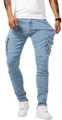 WINKEEY Cargo Jeans Homme Slim Fit Tapered Stretch Pantalon Cargo Multi-Poches Jean des Travail Coupe Droite Ajustée en Tissu Élastique, Bleu XL