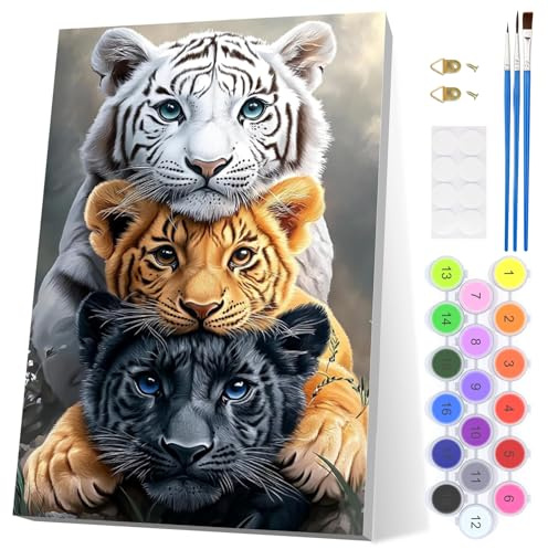 EOBROMD Tigre Pintar por Numeros Adultos, Animales Pintura por Numeros con Marco, Kit de Pintura al óleo de Lienzo DIY para con Pinceles, Pigmento Acrílico, Decoración para el Hogar 20x30cm