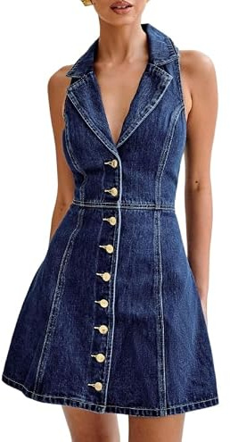 WLLDDDIU Vestido Camisero Vaquero para Mujer, Sin Mangas, con Cuello en V, Abotonado, Corte en A, Falda Acampanada, Estilo Skater, Túnica Vaquera Azul Vintage para Fiestas Informales de Verano, Có