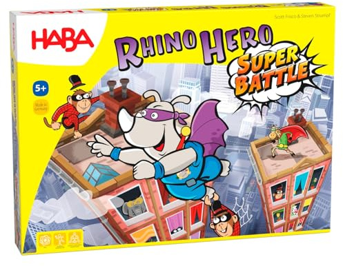 Haba 302808 – Rhino Hero – Super Battle, spännande 3D-stapelspel för barn från 5 år, skicklighetsspel till bästsäljaren Rhino Hero, rekommenderat av årets barnspel åry