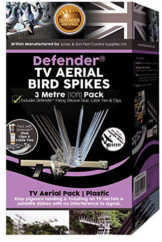 Defender Bird Spikes Defender Antenne TV | Lot de 5 mètres avec Attaches adhésives | Guide de Dissuasion des Pigeons de 40 Pages, 2