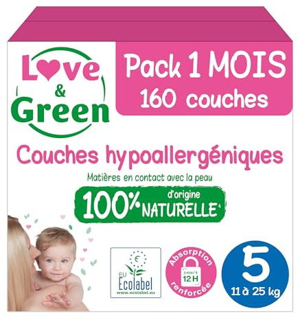 Love & Green - Couches Bébé Saines et Ecologiques - Taille 5 (11-25 Kg) - Pack 1 Mois (160 Couches) - Absorbante, anti-fuites et sans ingrédients indésirables