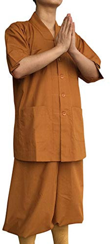 G-LIKE Buddisten Mönche Laien Kostüm - Chinesische Traditionelle Buddhistische Taoistische Kleidung Kampfkunst Shaolin Kung Fu Wushu Kurzärmelige Robe Stehkragen Uniform Sommer Anzug (Gelb, L)