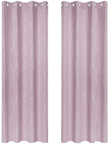 Deconovo Thermal Silver Dots Printed Blackout Curtains with Lace Rings and Curtains Ready for Living Room Bedroom 2 Pieces Light Pink 140 x 245 cm