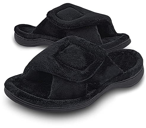 Git-up Ladies Memory Foam Slippers with Arch Support Adjustable Hook and Loop Women Slippers Diabetic Open Toe Soft Bedroom House Slippers for Indoor Outdoor Shoes BLK UK4.5/5.5