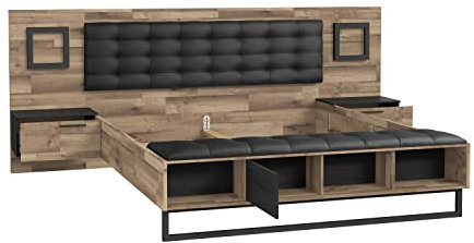 FORTE JAKOBINA Bett mit Nachtkommoden und 2 Schubladen und 1 Tür, Liegefläche 180 x 200 cm, Holzwerkstoff, Planked Eiche / Schwarzeiche, 296.8 x 119.7 x 234.5 cm