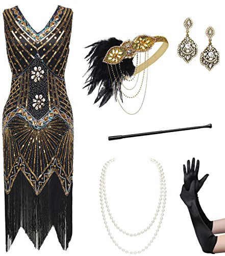 BABEYOND Women's Flapper Dresses 1920s V Neck Beaded Fringed Great Gatsby Dress