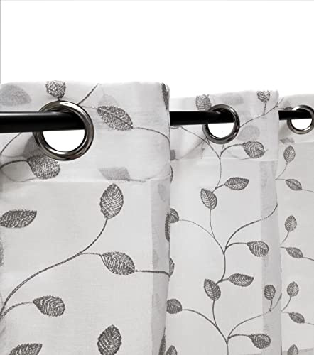Atout Ciel Rideau Voilage brodé Feuilles à œillets 140x240cm prêt a Poser, Blanc/Argent