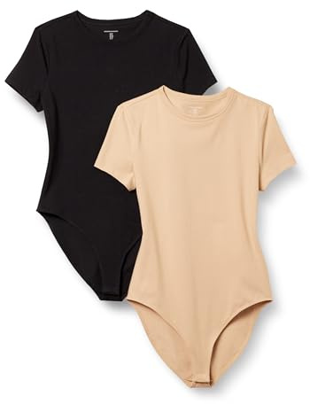 Amazon Essentials Body a Maniche Corte Aderente in Cotone Elasticizzato Donna, Pacco da 2, Cammello Chiaro/Nero, M