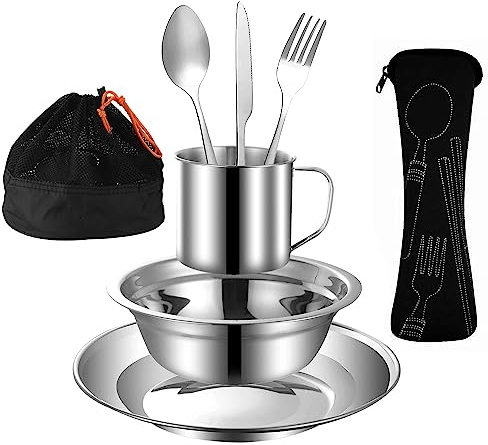 MOUFIER Outdoor Camping Cutlery Set Stainless Steel Tableware Mess Kit Includes Plate Bowl Cup Spoon Fork Knife in Mesh Bags for Camping Backpacking & Hiking for 1 Person, Silver (M028)