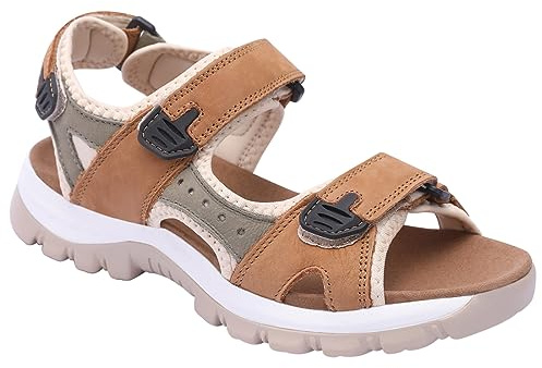 Harssidanzar Women's Sports Hiking Sandals Adjustable Strap Leather Sandals For Women Outdoor Sports Sandals Walking SL256UK,Camel Grey,Size 8 UK