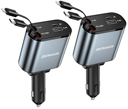 [2 Pack] Retractable Car Charger 4 in 1 Fast Car Phone Charger 69W, USB C Car Truck Accessories Adapter with 2X Retractable Charger Cords and 2X USB Ports for i Phone 17/16/15/14, for Samsung S25/S24
