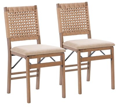 Linon Bennett Natural Folding Chair with Woven Rope Back and Linen Upholstered Seat Set of 2
