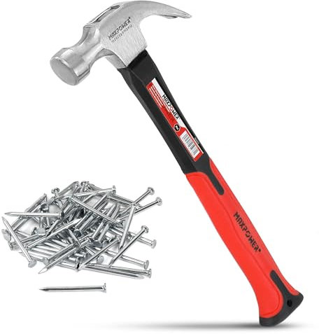 MAXPOWER Martillo Carpintería con 75 Clavos, 8oz Mini Martillo Sacaclavos con Doble Uña Curva, Mango Ergonómico para Carpintero, Ebanista, Encofrador y Construcción 226gr