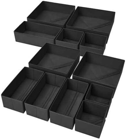 DIMJ 12 Pack Drawer Organiser Clothes - 3 Size Foldable Wardrobe Storage Organiser, Fabric Drawer Dividers for Underwear Socks Cosmetics Office Supplies Accessories, Stay Organised (Black+White)