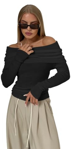 Women's Long Sleeve Off Shoulder Tops Sexy Ruched Jersey T-Shirt Stretchy Knit Blouse Slim Fit Casual Tee Tops (Black)