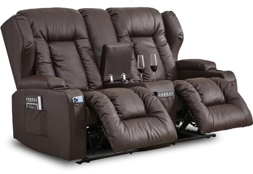 SAMERY Relaxsessel mit Liegefunktion Fernsehsessel Manuell Verstellbar, Zweisitzer Sofa Kinosessel 2 Sitzer Sofa TV Sessel Heimkino mit Konsole/Getränkehalter, Kunstleder Braun Zweisitzer