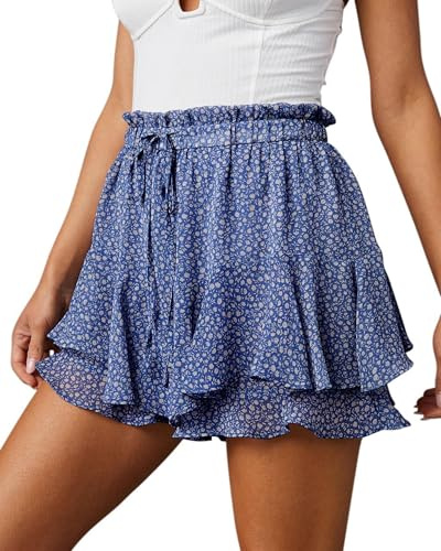 Oyamiki Flowy Mini Skirts for Women UK Flared Beach Skort Breathable Blue Ruffle Shorts Chiffon Elasticated Waist Skirt M