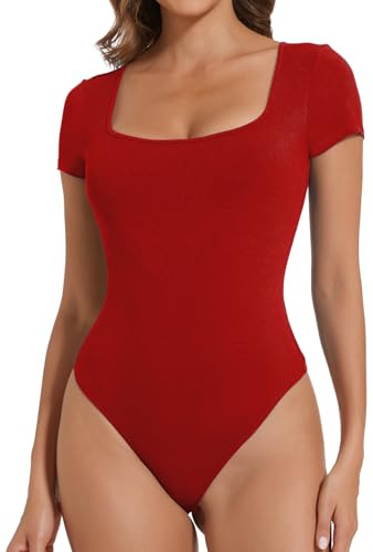 Joyshaper body damer kortärmad bodysuit kantig urringning stringbody elegant dambody sommar topp toppar t-shirts, röd/kantig urringning, S