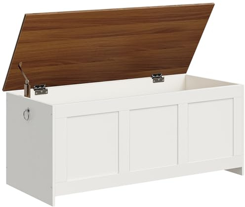 HOOBRO Cajas de Almacenamiento de 100 cm, Armario de Almacenamiento con Bisagras, Banco de Almacenaje, Caja de Juguetes con Tapa Elevable, para Entrada, Sala de Estar, Blanco y Nogal EWH412CW01
